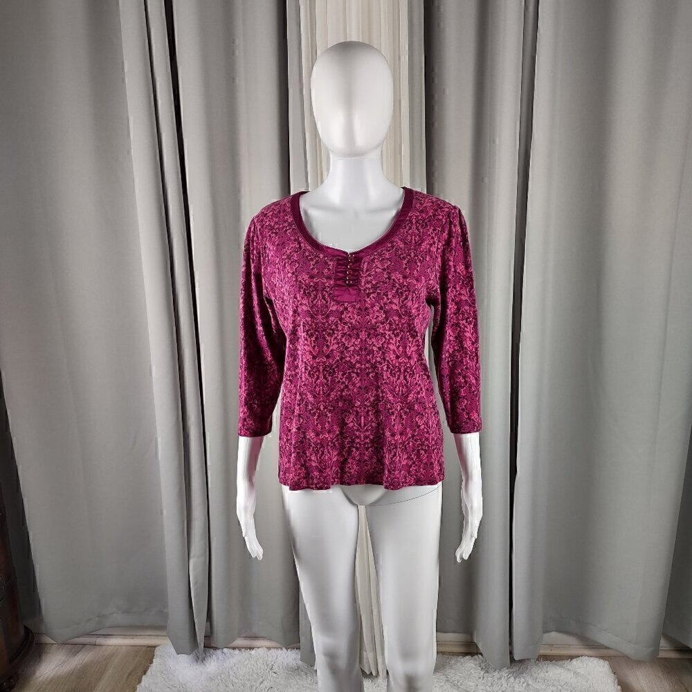 St. John's Bay 100% Cotton Purple Velvet Floral 6 Button Pull Over Top Size M